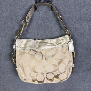 COACH ZOE Signature Khaki Gold Jacquard & Leather Hobo Bag 12657